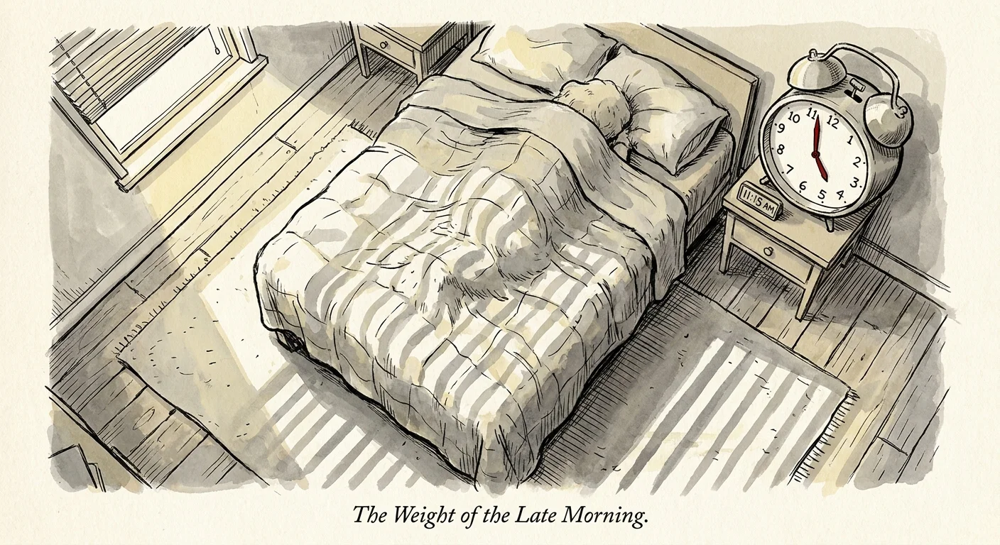 An illustration of a person sleeping under a heavy duvet while an alarm clock shows it is late morning.