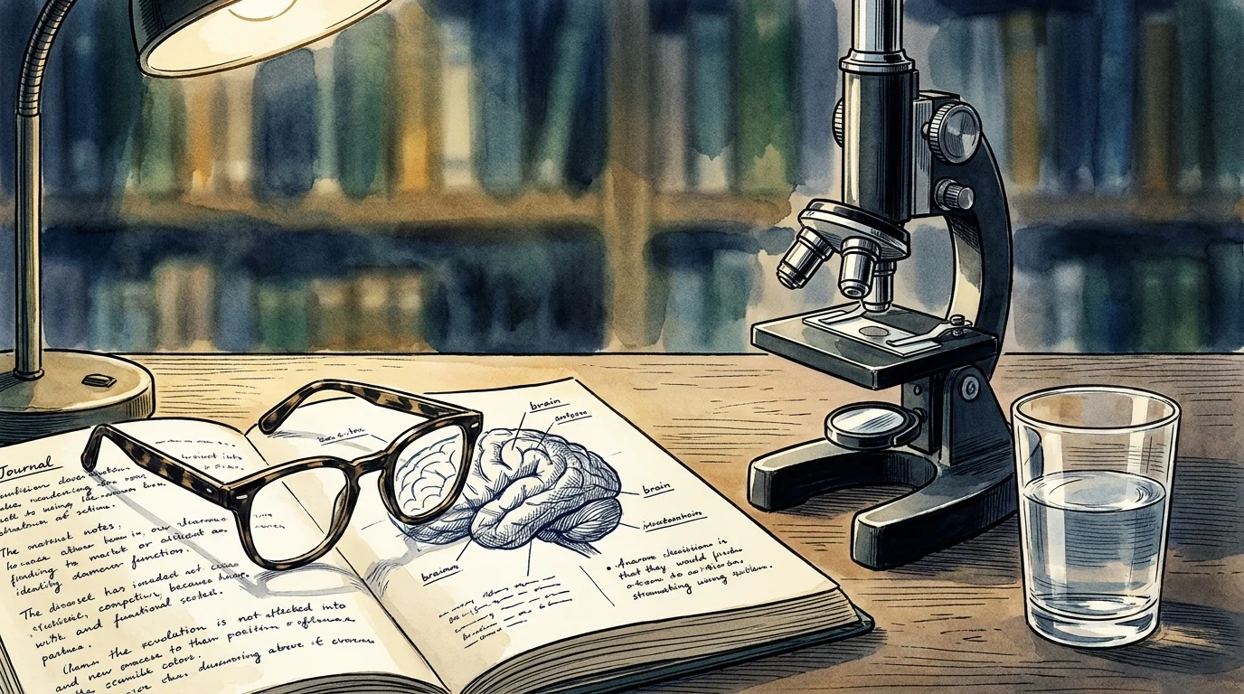An illustration of a scientist's desk with a microscope, glasses, and a journal, representing the expert research behind memory science.