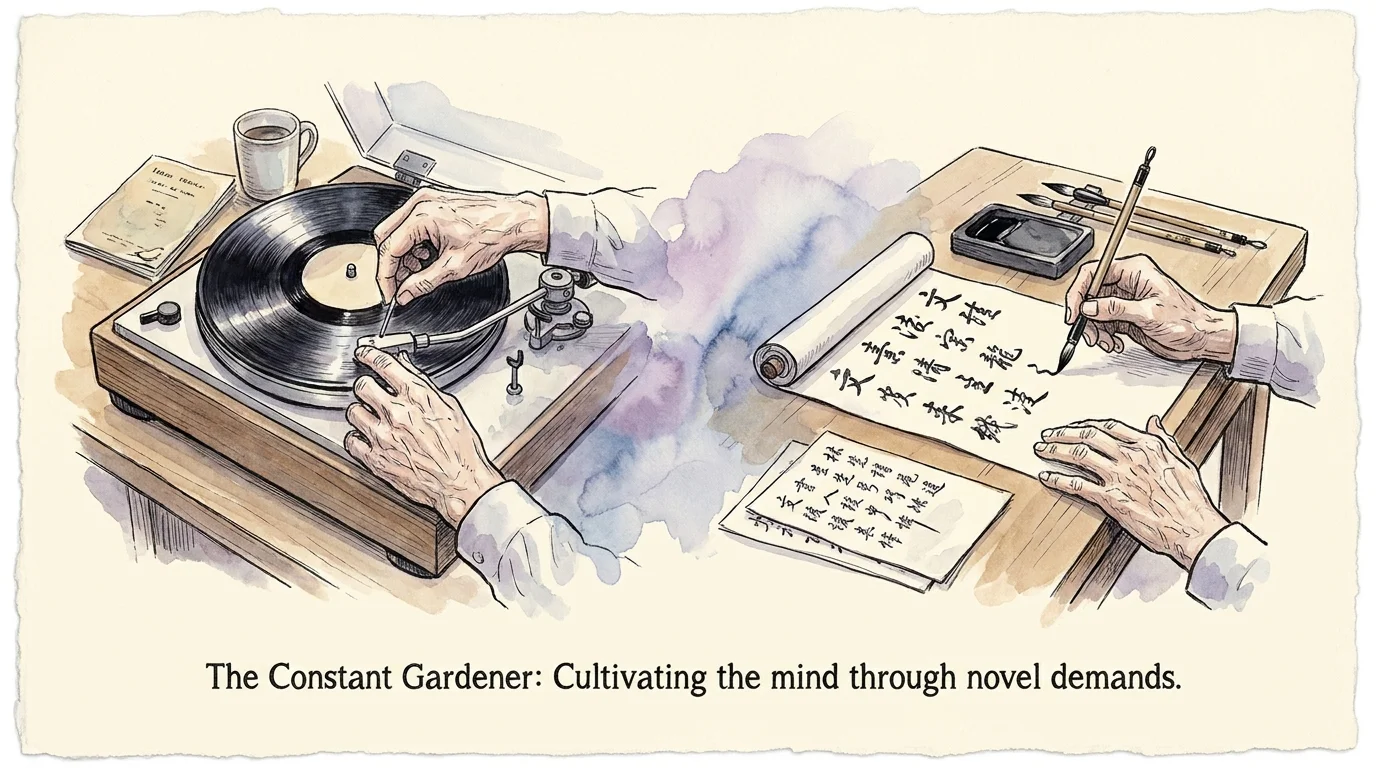 An illustration of hands learning new skills like music and calligraphy, symbolizing the challenge required for neuroplasticity.