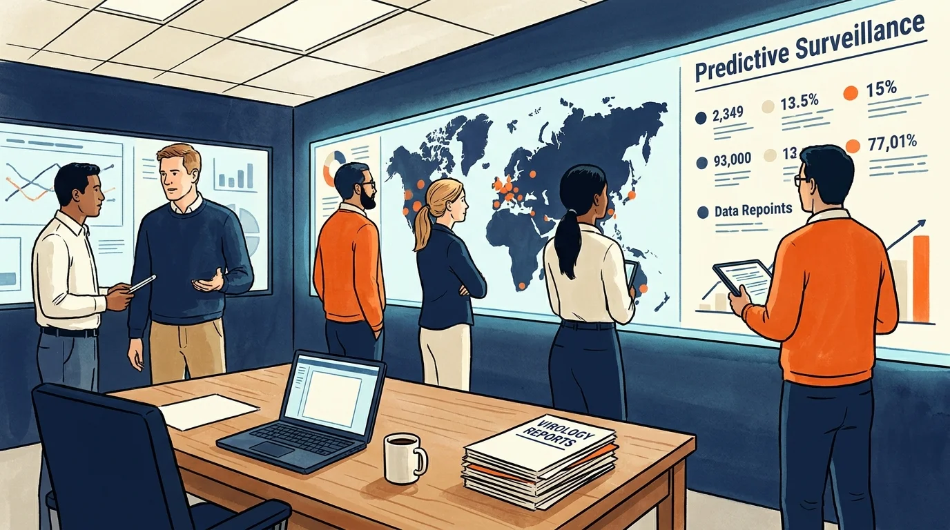 An illustration of scientists in a command center looking at a large digital map for virus tracking and containment.