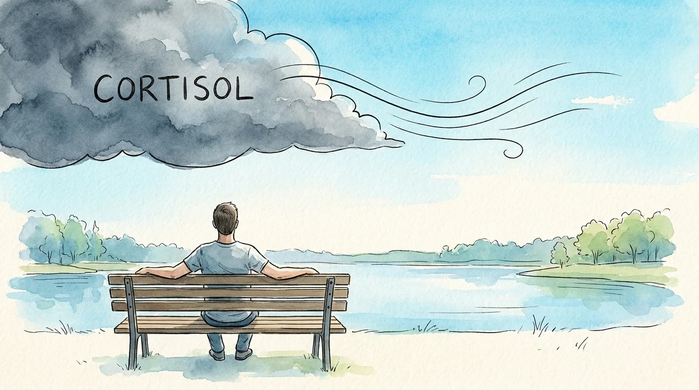 An illustration showing a person relaxing by a lake as a grey cloud labeled 'Cortisol' blows away, symbolizing stress reduction.