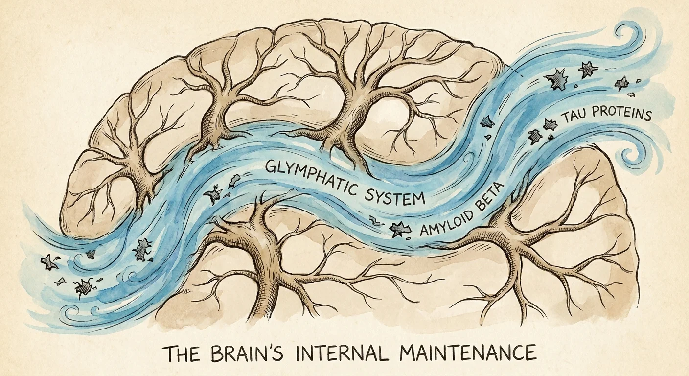 An illustration showing blue fluid flowing through neural pathways to wash away toxic proteins during deep sleep.