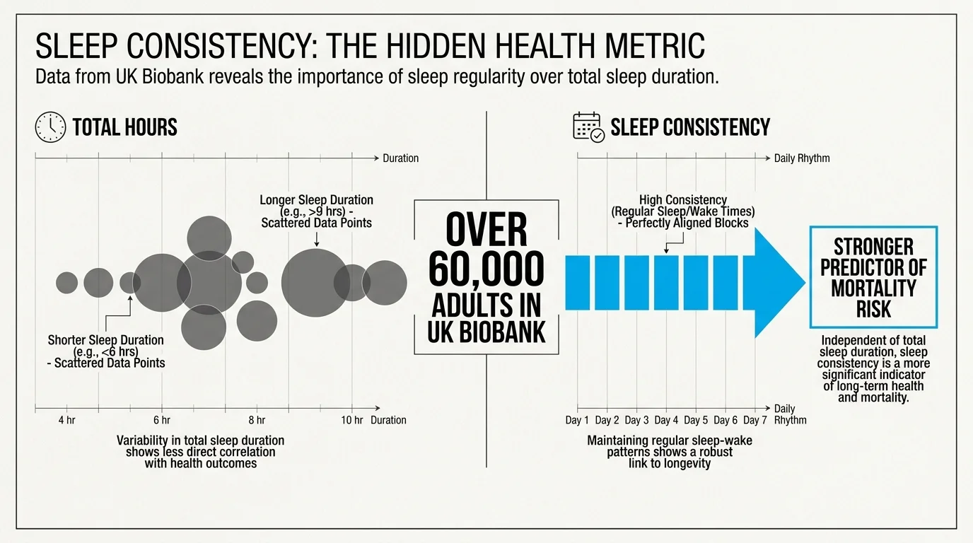 An infographic comparing sleep duration to sleep consistency, highlighting that consistency is a stronger predictor of mortality.