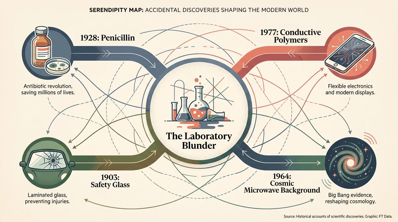 An infographic showing how accidental lab discoveries led to modern technologies like smartphones and medicine.