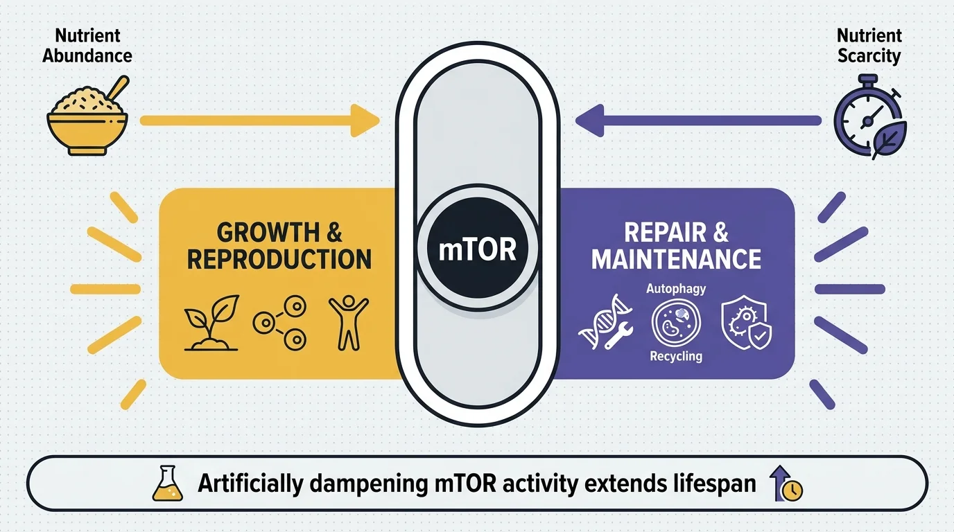 An infographic showing the mTOR switch toggling between growth when nutrients are high and repair when nutrients are low.