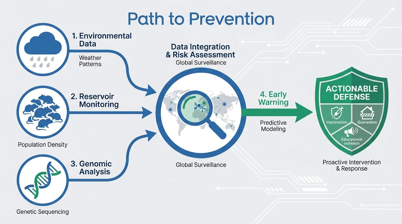 An infographic showing the steps of predictive surveillance: environmental data, reservoir monitoring, and genomic analysis.