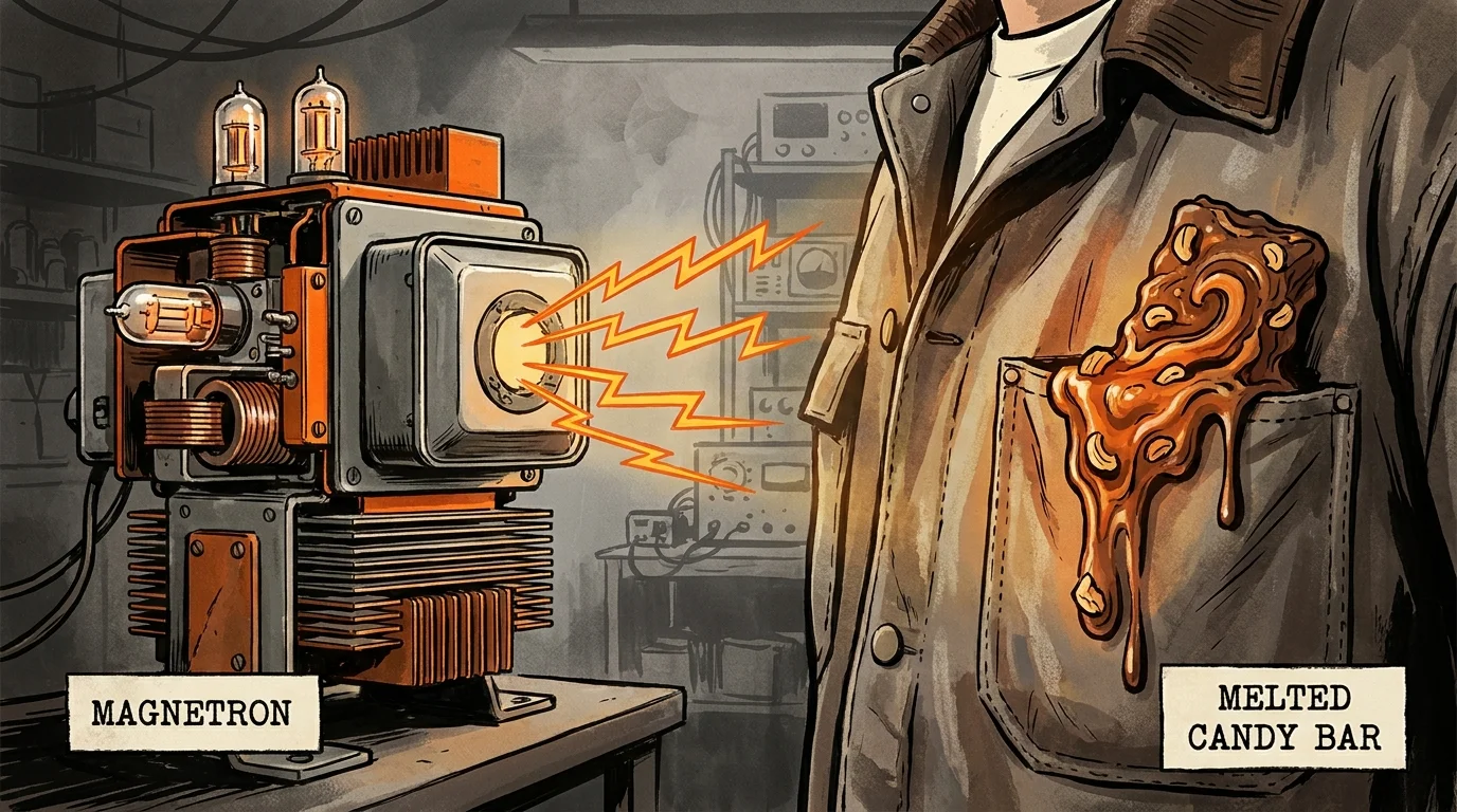 An ink and gouache drawing of a radar machine melting a chocolate bar inside a man's coat pocket.