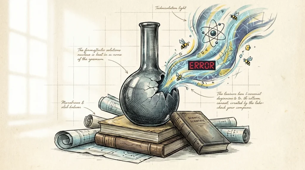 An ink and watercolor illustration of a cracked lab flask releasing chaotic scientific symbols over old research documents.
