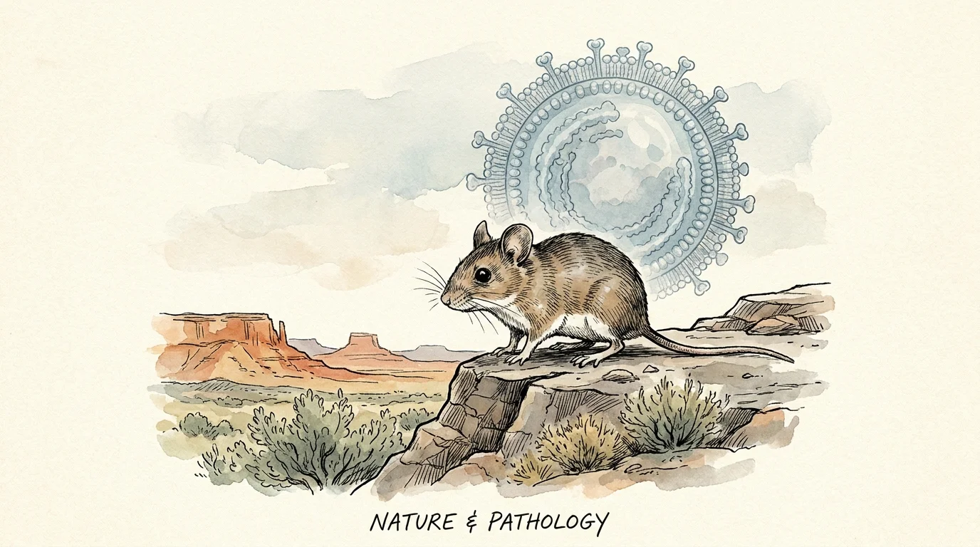 An ink and watercolor illustration of a deer mouse in a desert landscape with a large, translucent virus particle floating in the sky.