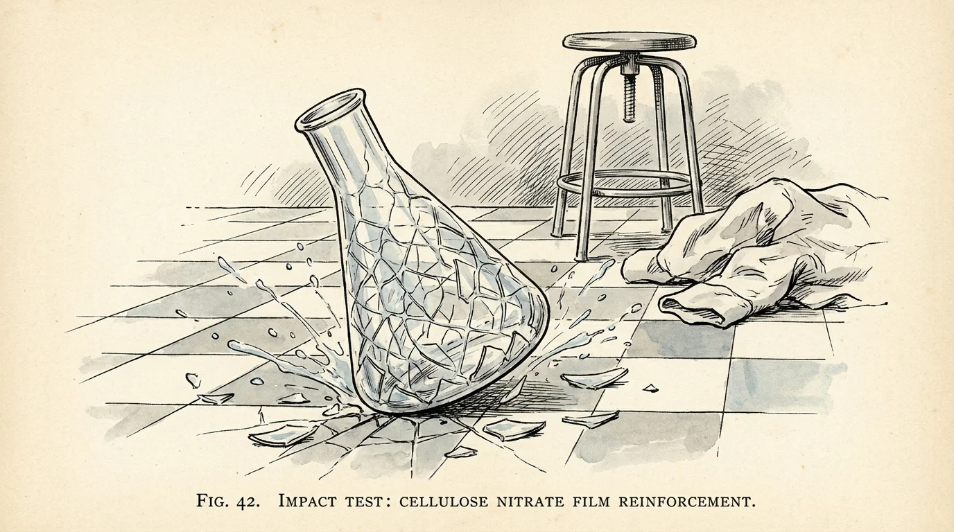 An ink and watercolor illustration of a glass flask hitting the floor but staying together instead of shattering.
