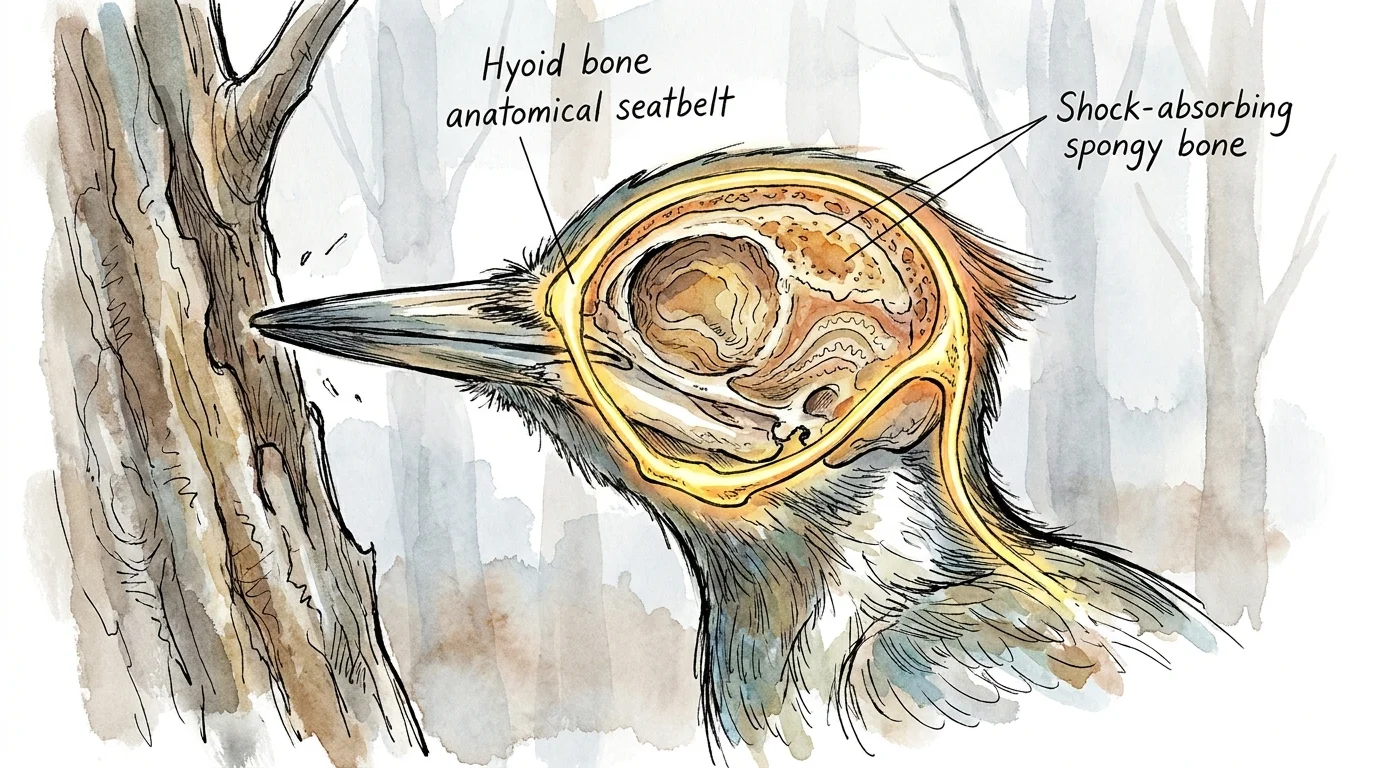 An ink and watercolor illustration of a woodpecker's skull showing how its bones protect its brain from impact.