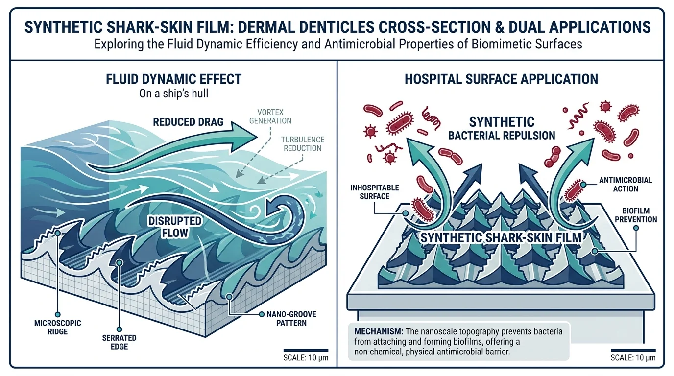 Diagram showing how microscopic shark skin scales reduce drag on ships and prevent bacteria growth in hospitals.
