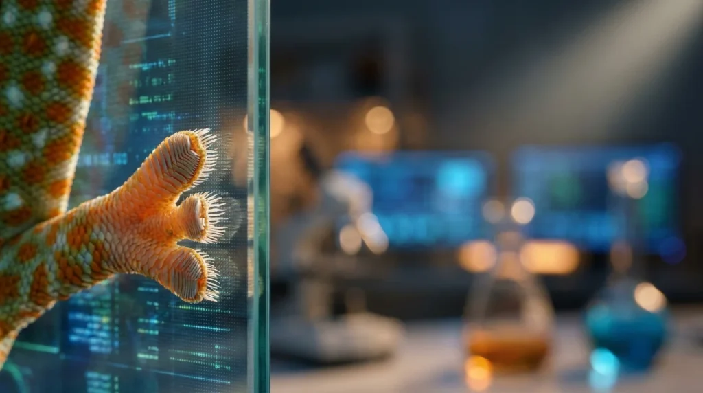 Extreme macro of a gecko's toe pads gripping a glass screen in a blue-lit scientific laboratory.
