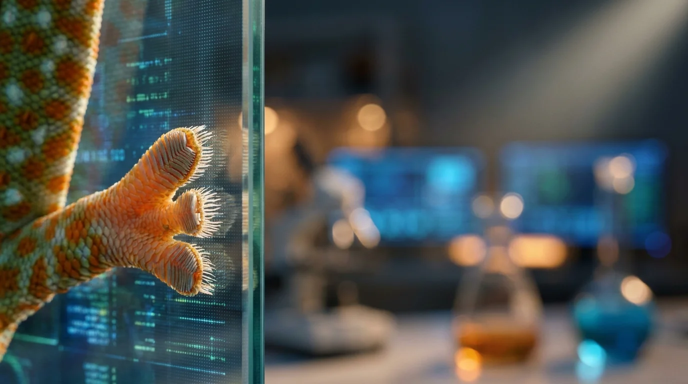 Extreme macro of a gecko's toe pads gripping a glass screen in a blue-lit scientific laboratory.