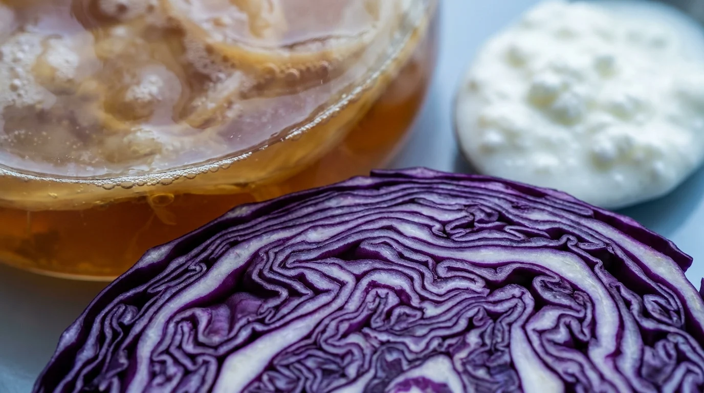 Macro photograph showing the textures of fermented cabbage and kombucha bubbles.