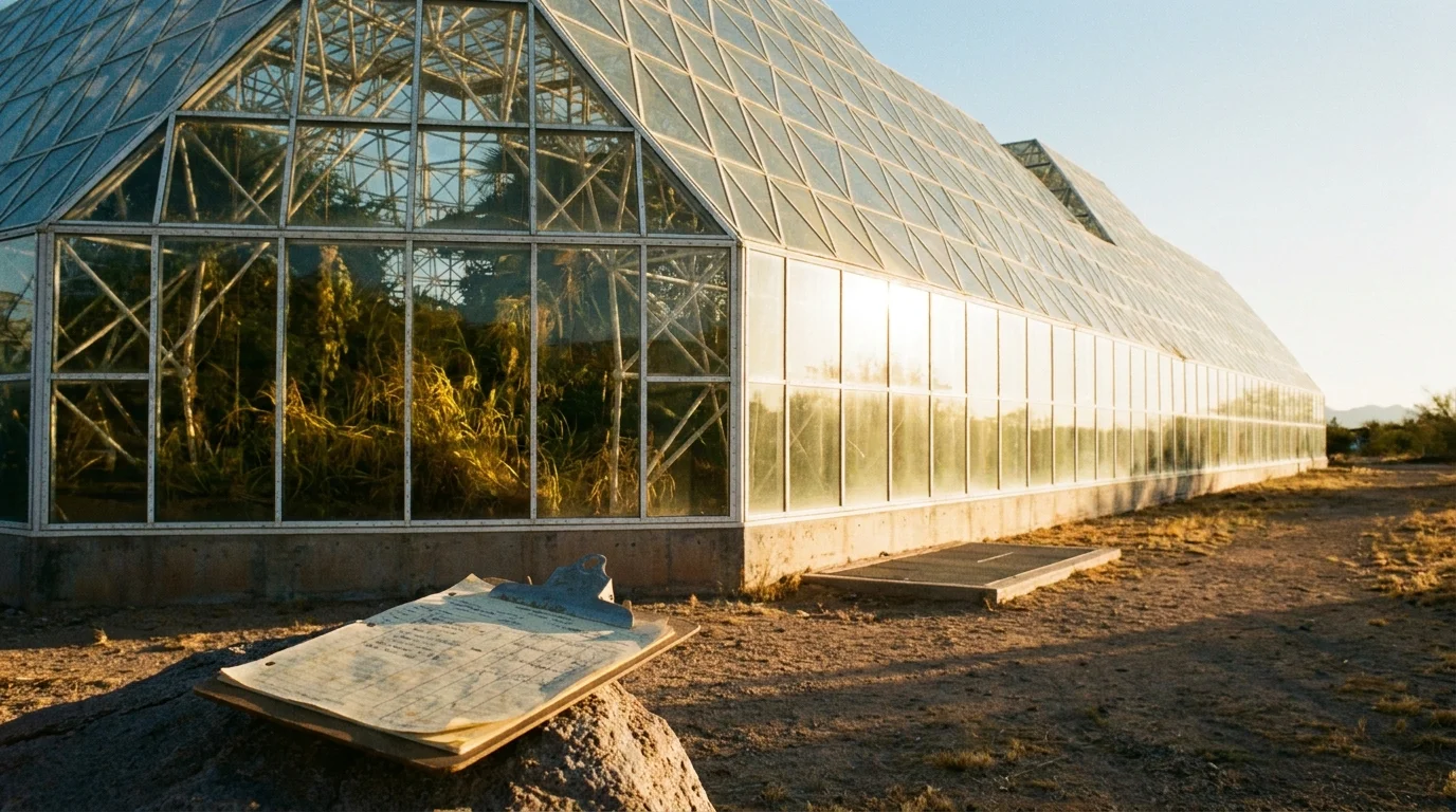 The massive glass pyramid structure of Biosphere 2 in the desert at sunset, showing signs of neglect.