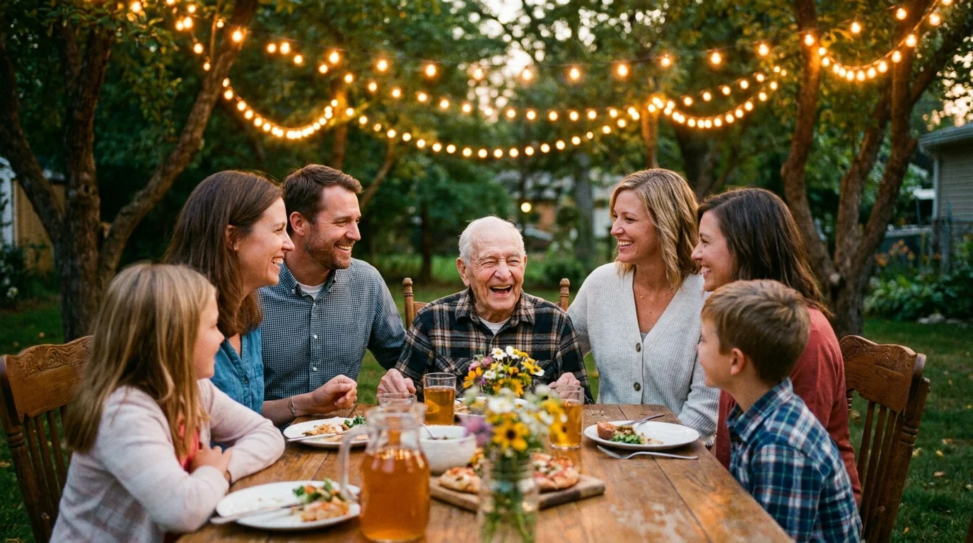 A candid photograph of a smiling elderly veteran surrounded by family at a warmly lit outdoor dinner table.
