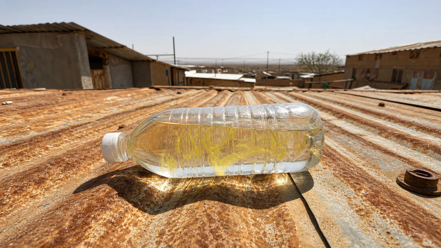 A clear plastic bottle containing water and lemon juice sits on a rusty metal roof in bright sunlight for solar water disinfection.