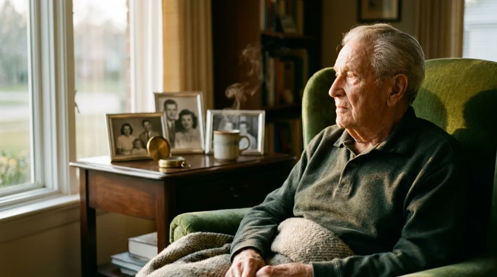 A close-up photograph of a thoughtful elderly World War II veteran sitting by a sunlit window in his living room.