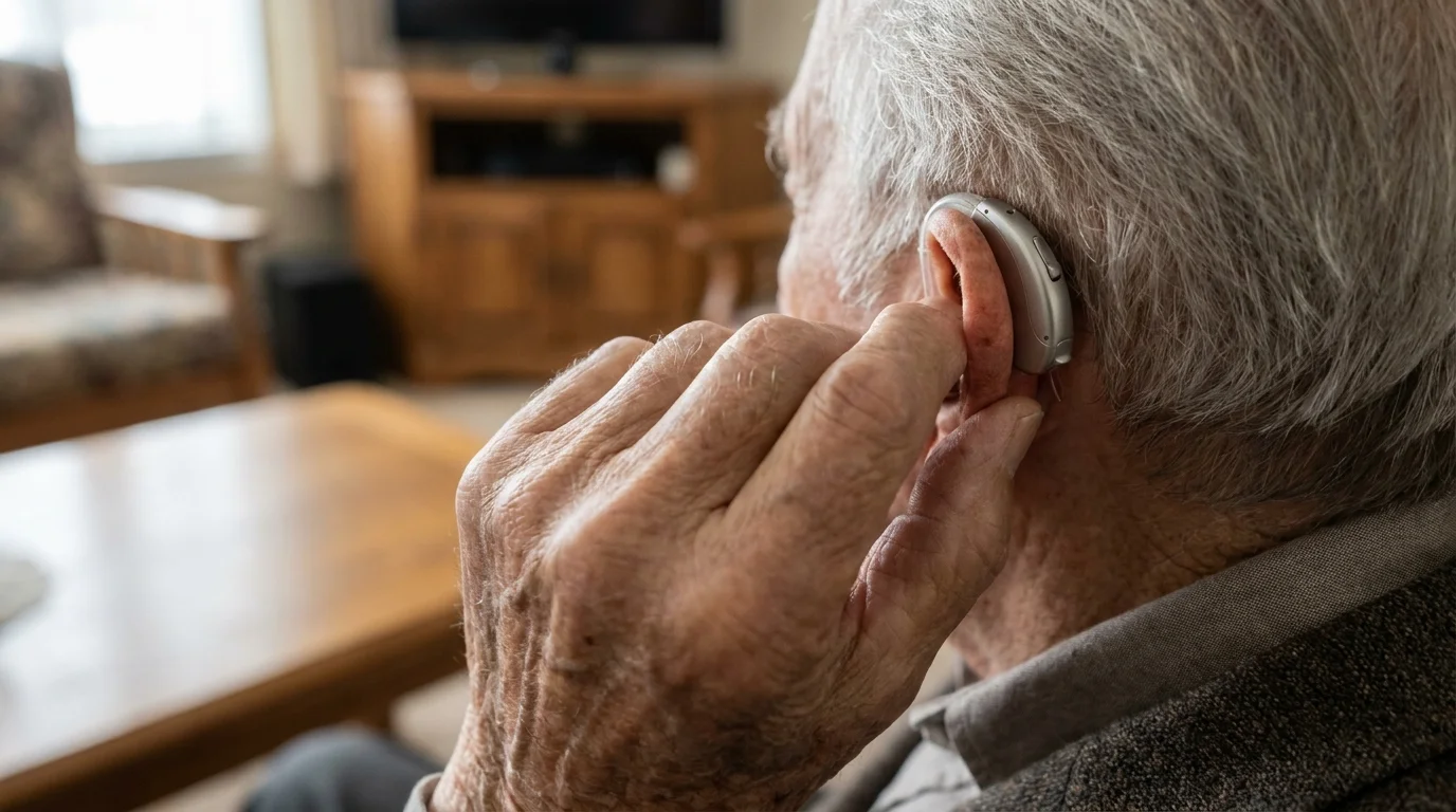 A close-up photograph of an elderly veteran's hands adjusting a modern hearing aid behind his ear.
