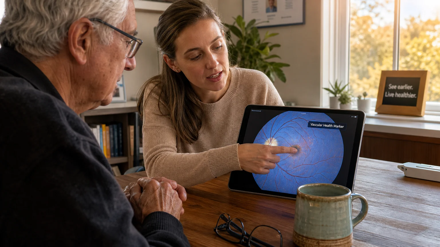 A documentary-style photo of a health professional and a patient reviewing an eye scan on a tablet in a sunlit, domestic setting.