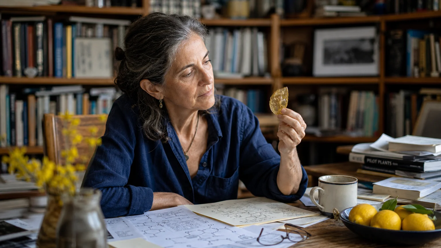 A female scientist in a home study examines a bioplastic sample made from lemons, surrounded by books and research papers.