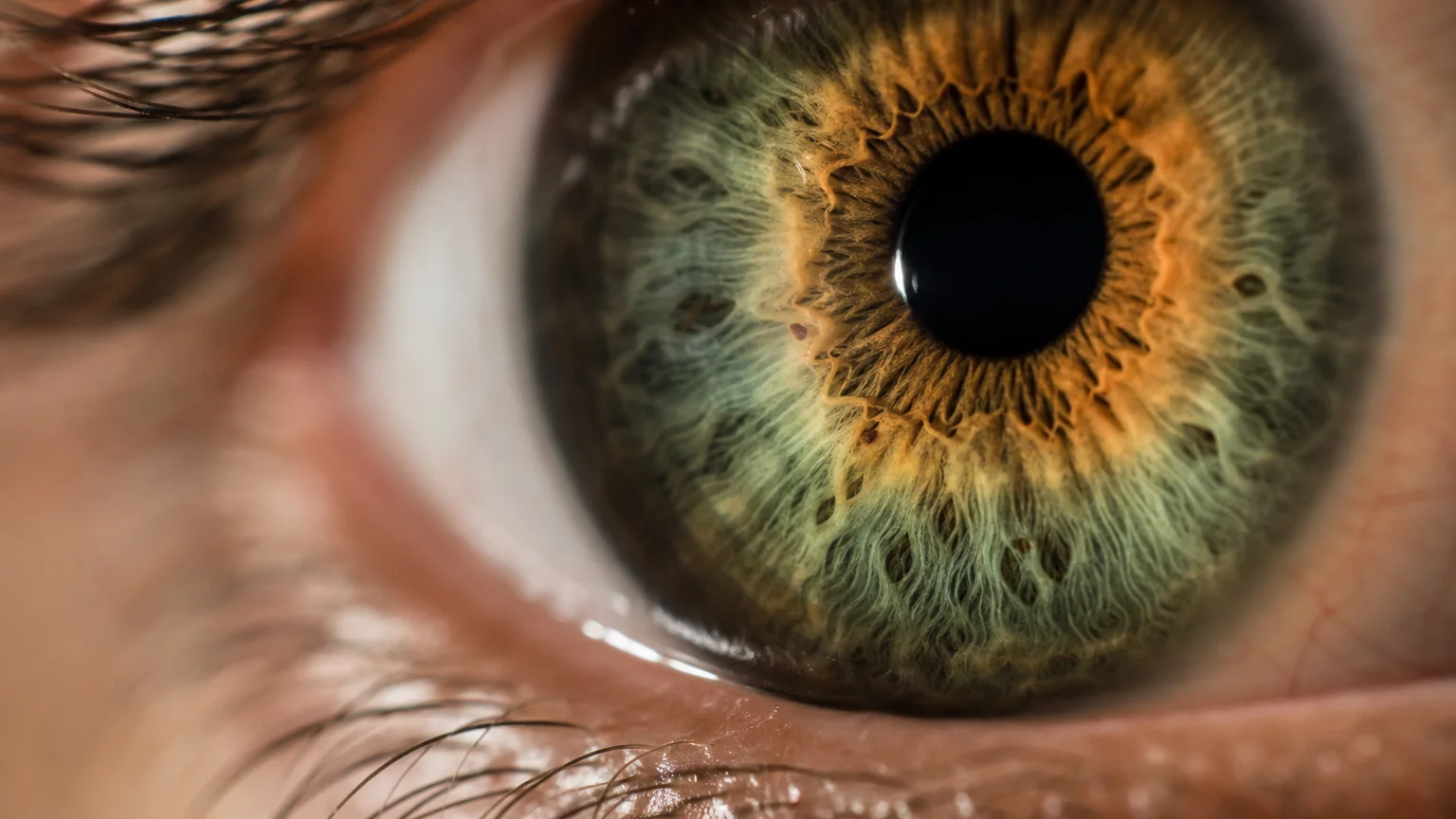 A high-detail macro photograph of a multi-colored human iris showing deep biological textures and fibers under soft natural light.