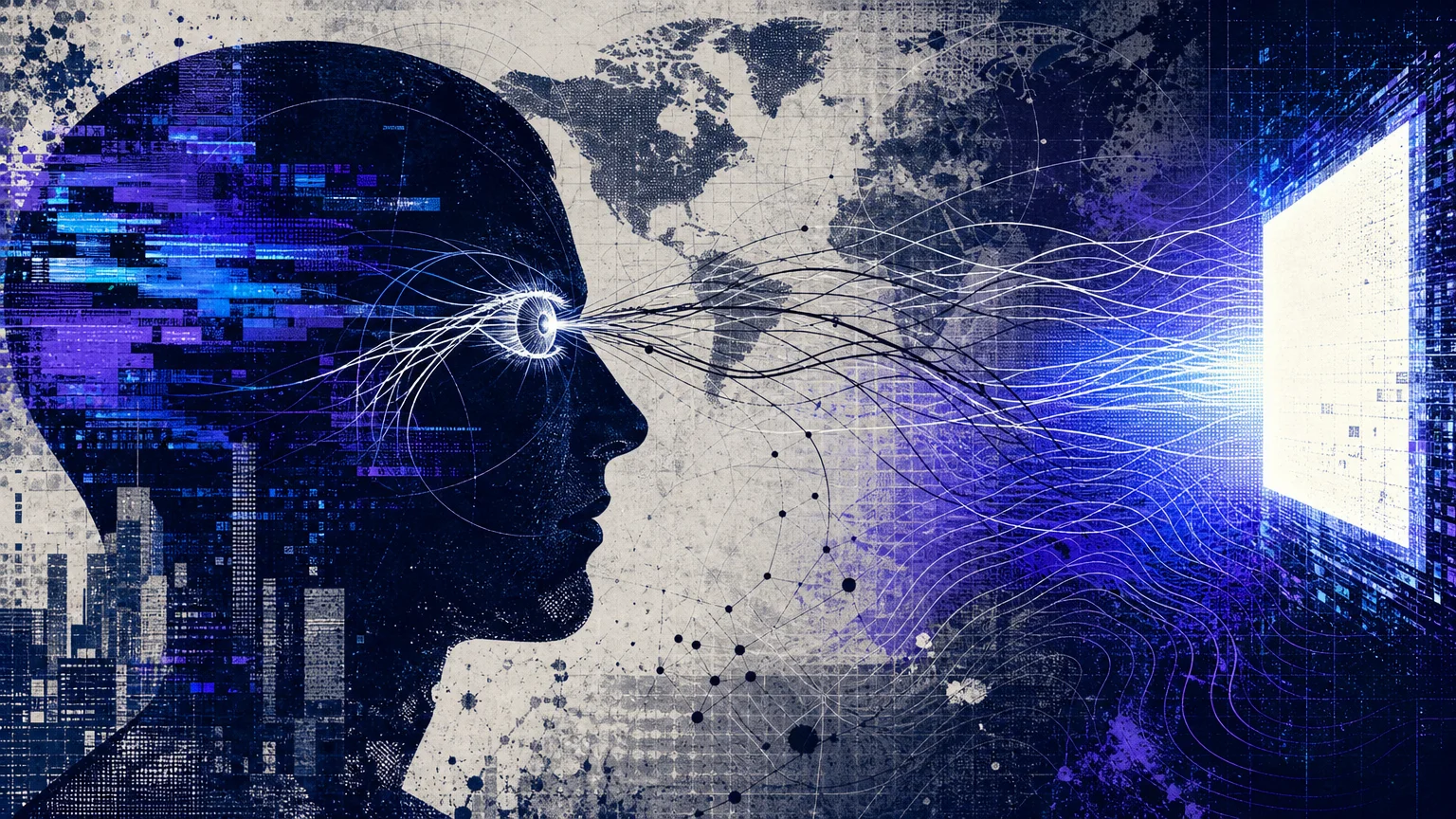 A mixed-media collage showing a silhouette under digital strain, with blue light patterns and a global map texture.