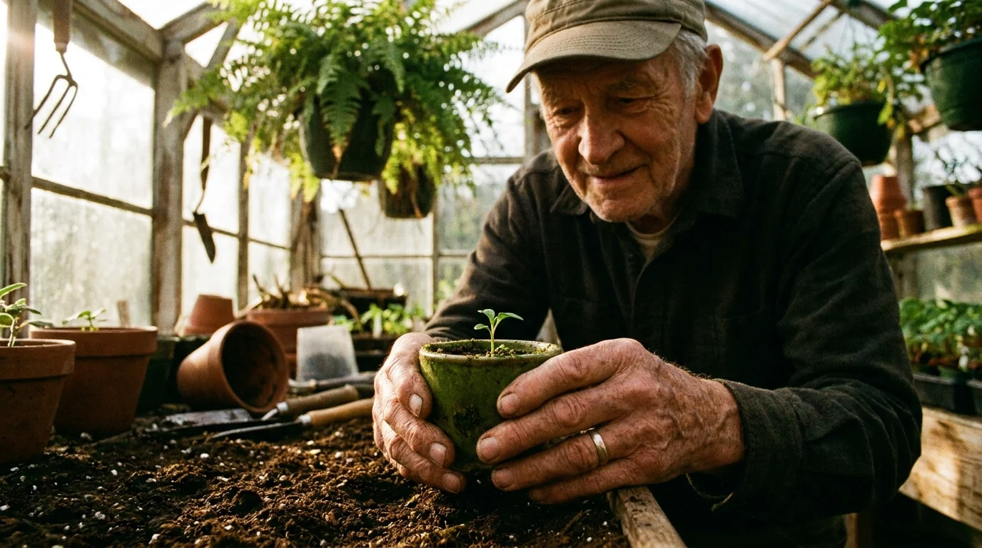 A photograph focusing on the weathered hands of an elderly man holding a delicate green seedling in a sunlit greenhouse.