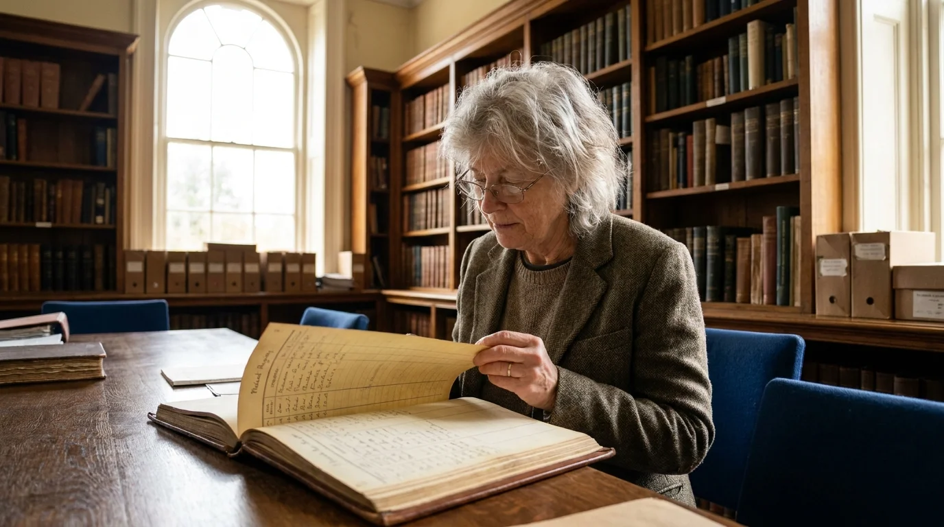 A photograph of a female gerontology researcher examining old historical records in a classic wood-paneled archive library.