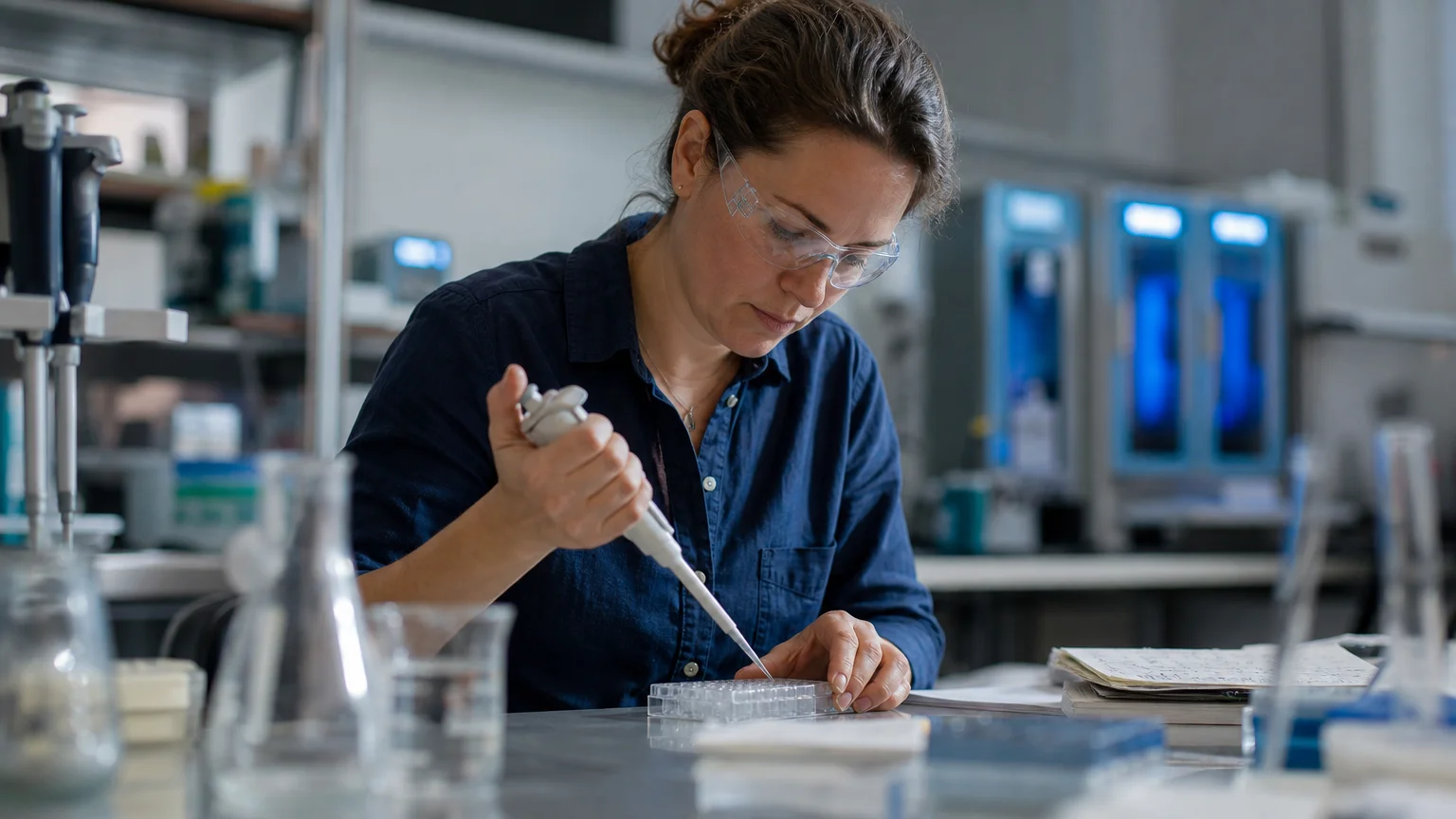 A photograph of a female scientist in a laboratory, focused on preparing genetic samples for analysis.