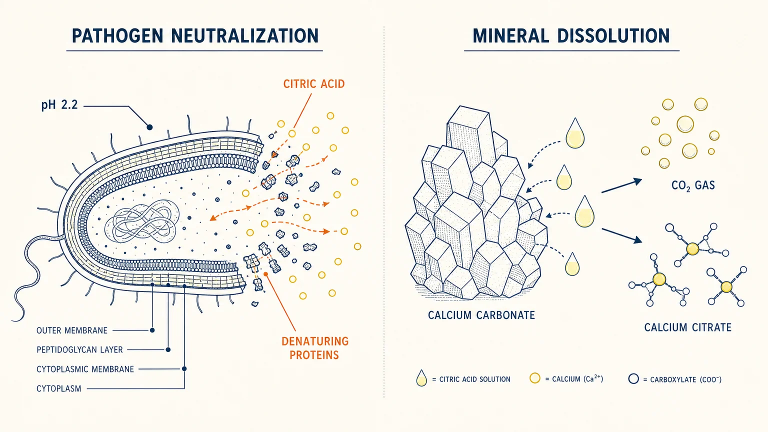 A two-panel scientific diagram illustrating how citric acid at pH 2.2 destroys bacteria and dissolves calcium carbonate mineral deposits.
