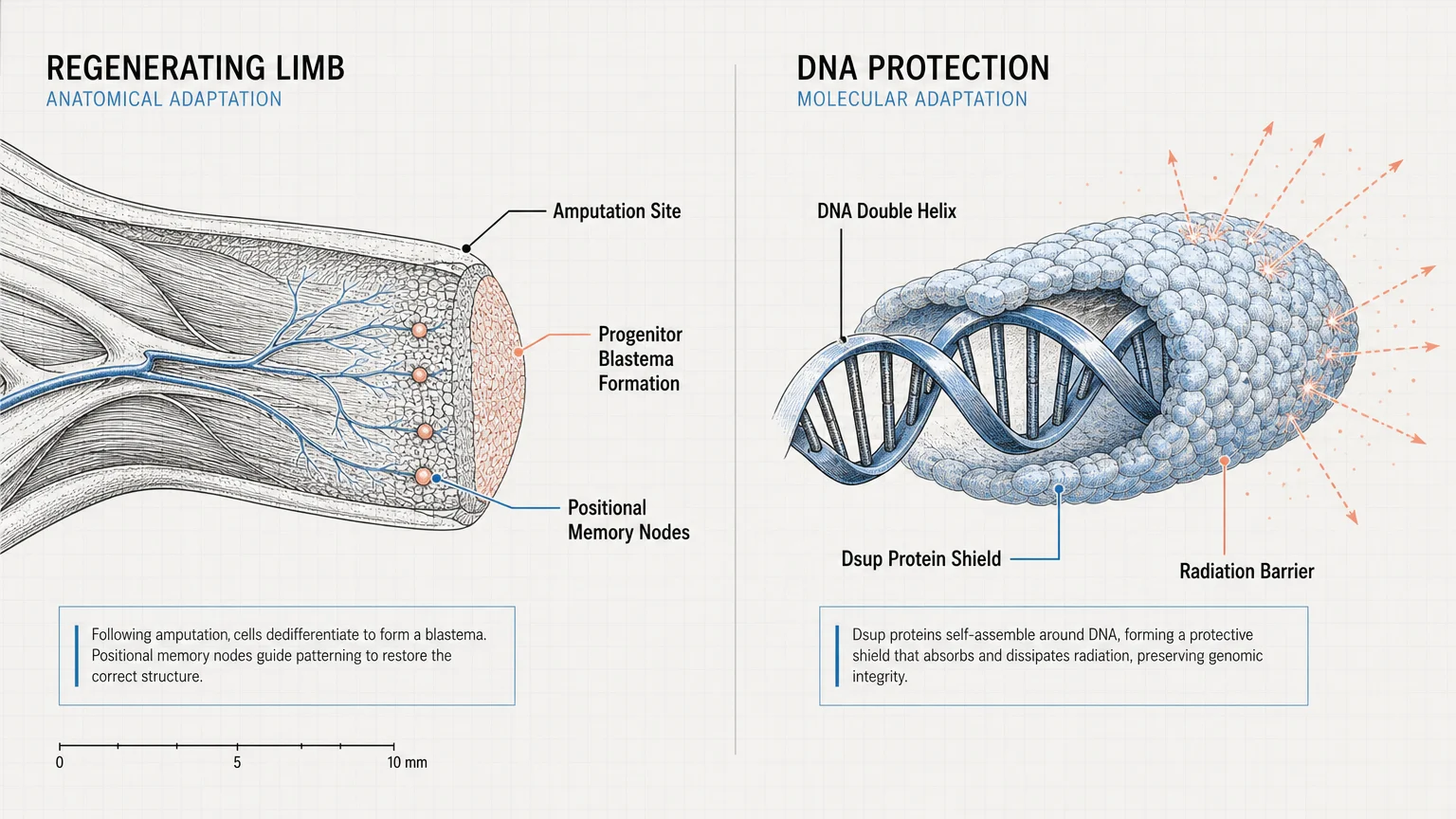 A two-panel scientific diagram illustrating the biological mechanics of axolotl limb regeneration and tardigrade Dsup DNA protection.