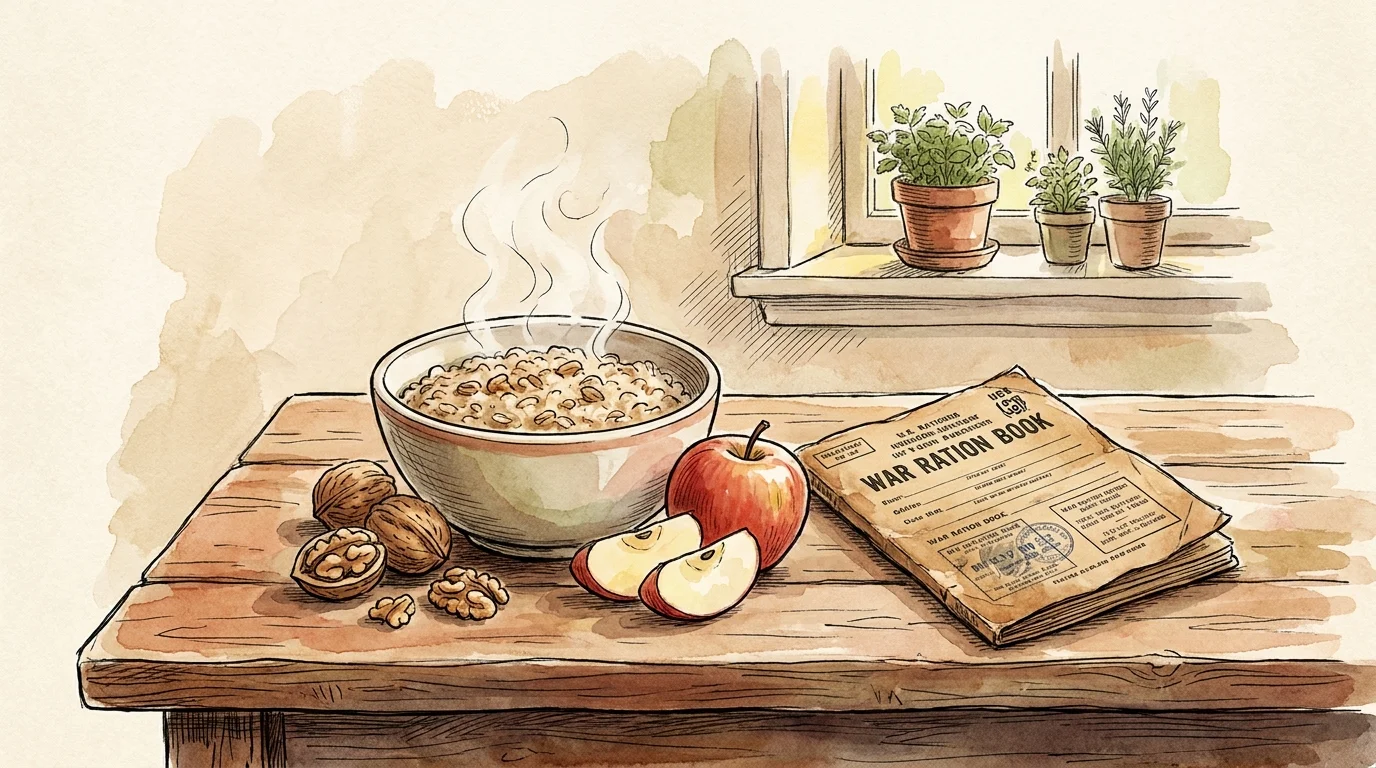 A warm watercolor still life of simple, healthy food next to a weathered 1940s military ration book.
