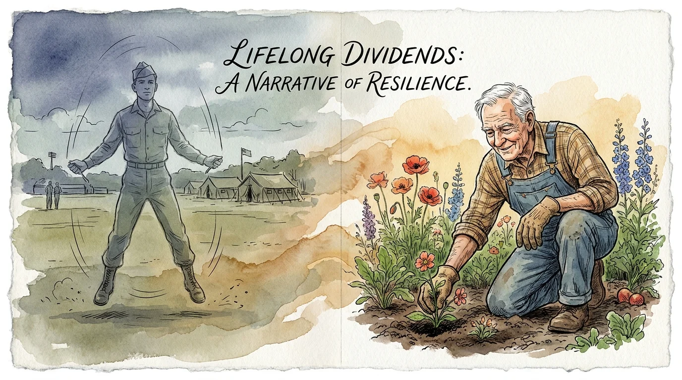A watercolor illustration showing a silhouette of a young soldier training alongside an elderly veteran actively gardening.