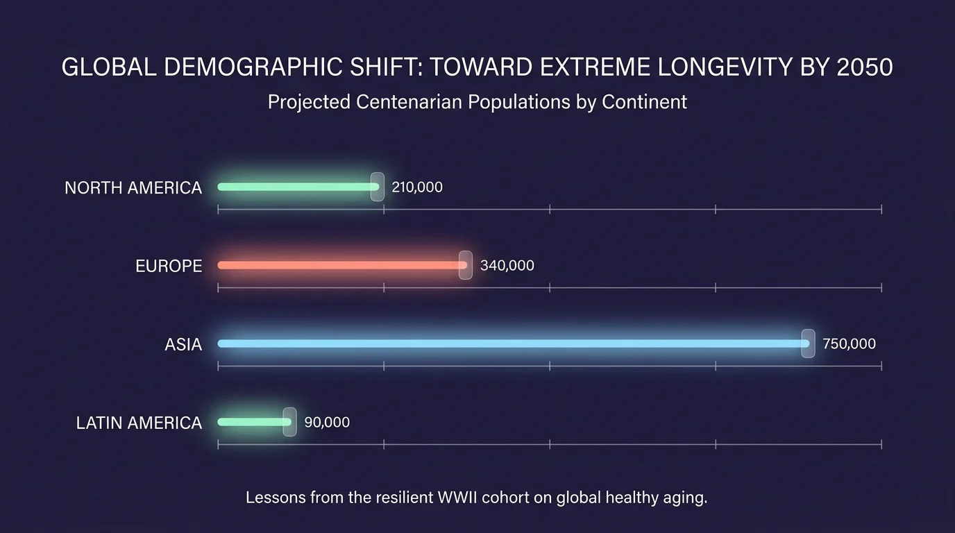 An editorial demographic bar chart showing the projected increase of centenarians globally by 2050.