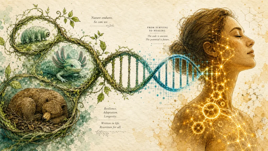 An elegant ink and watercolor illustration of a DNA strand connecting animal silhouettes to a human profile, symbolizing medical discovery.