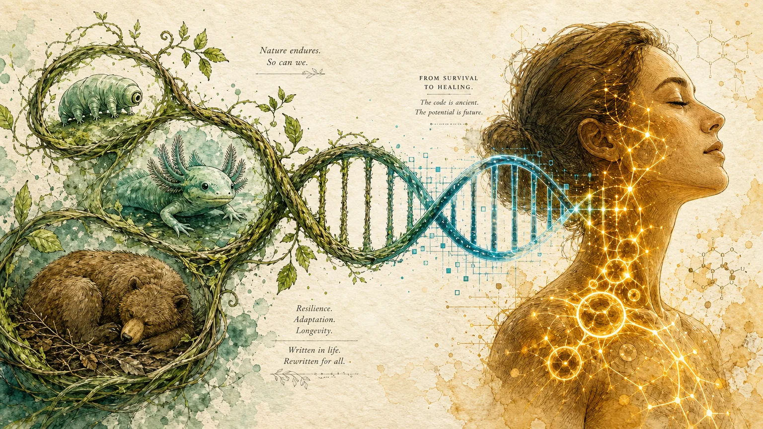 An elegant ink and watercolor illustration of a DNA strand connecting animal silhouettes to a human profile, symbolizing medical discovery.