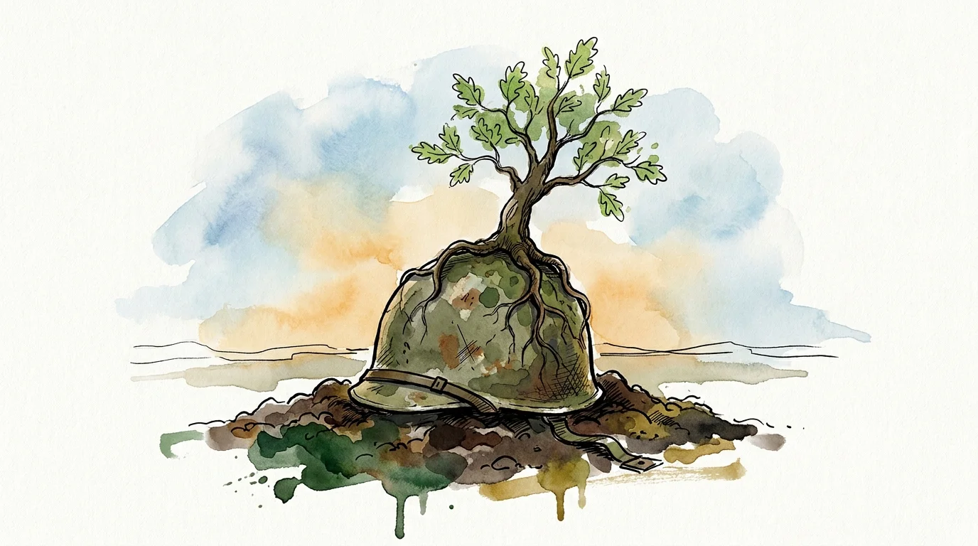 An illustration of a vibrant green oak sapling growing out of a weathered 1940s military helmet, symbolizing resilience.