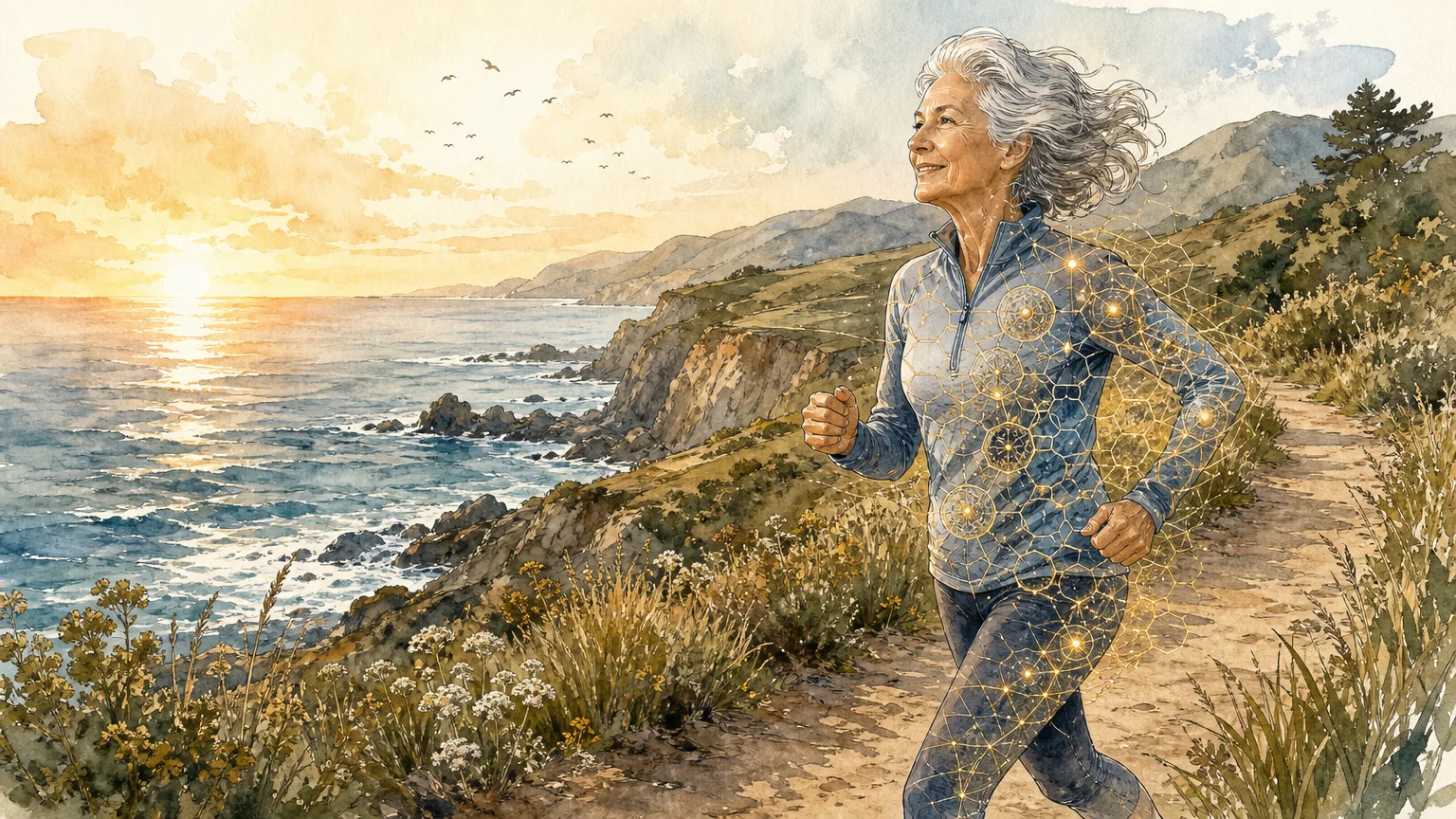 An ink and watercolor illustration of an active senior woman jogging, overlaid with glowing cellular patterns symbolizing longevity.