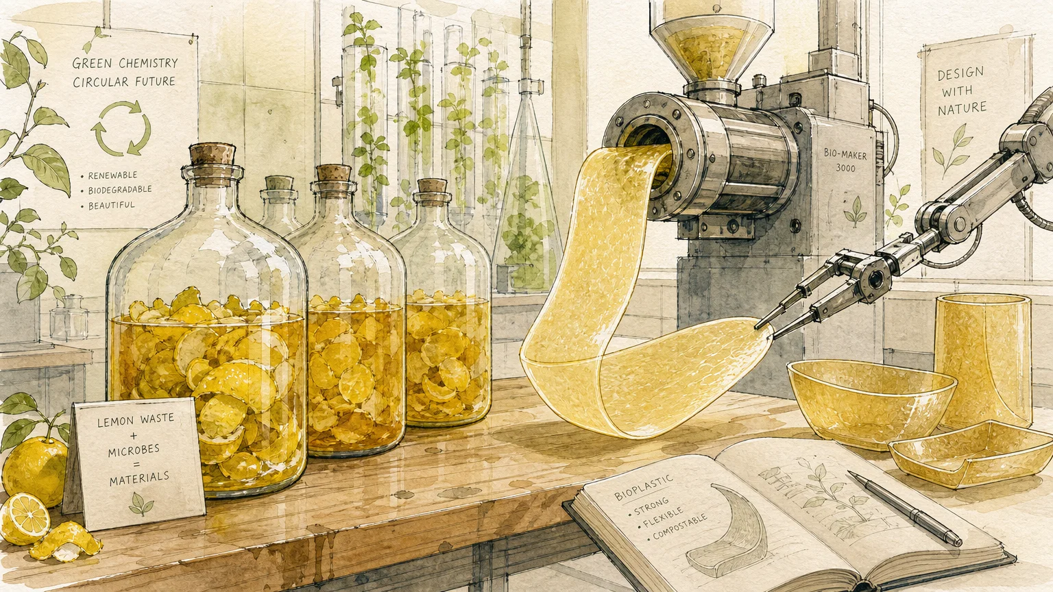 Ink and watercolor illustration of a lab setting where lemon peels are being processed into translucent sheets of sustainable bioplastic.