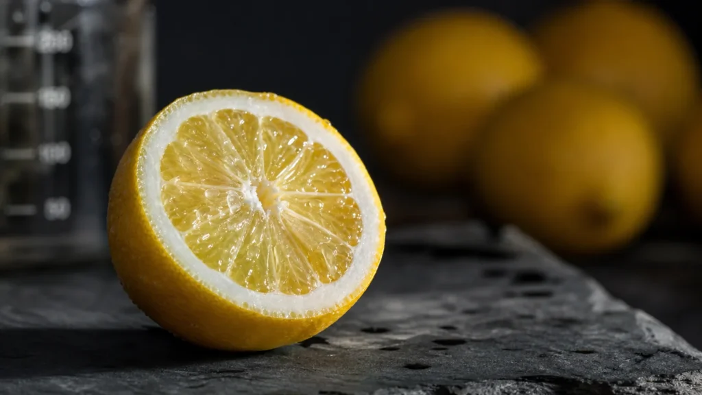 Macro photograph of a sliced lemon on a slate surface, emphasizing the translucent juice vesicles and textured rind under sharp side lightin
