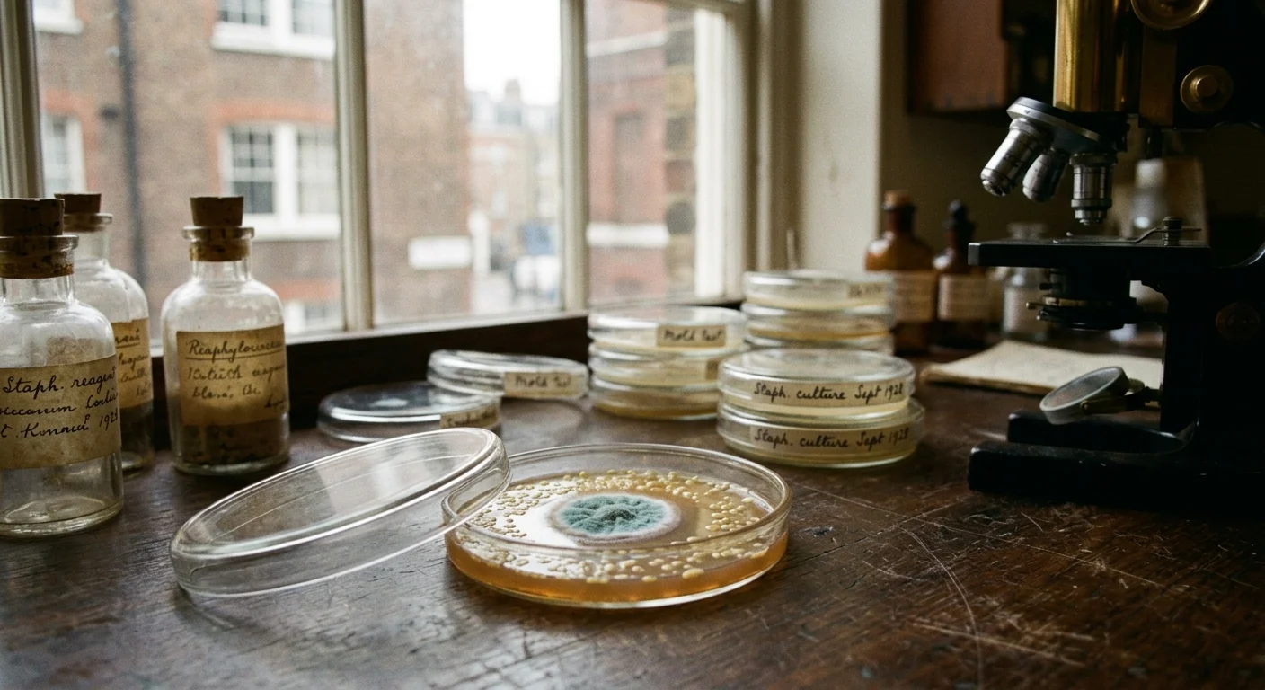 A close-up photograph of a vintage Petri dish on a wooden workbench, showing a patch of blue-green mold surrounded by a clear ring free of b