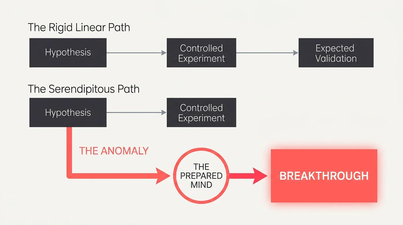 A minimalist editorial diagram comparing the straight 'Rigid Linear Path' of science with the branching 'Serendipitous Path' that leads to a