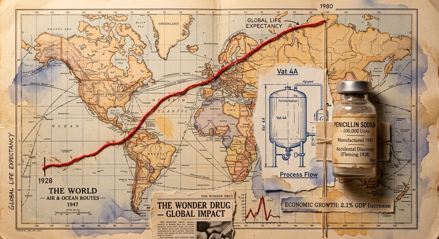 A mixed-media collage of a vintage world map overlaid with industrial schematics, an old penicillin vial, and a red stitched thread graphing