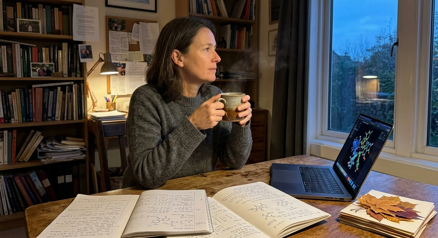 A thoughtful female scientist sitting at a wooden table in her home study at twilight, surrounded by notebooks and looking out the window.